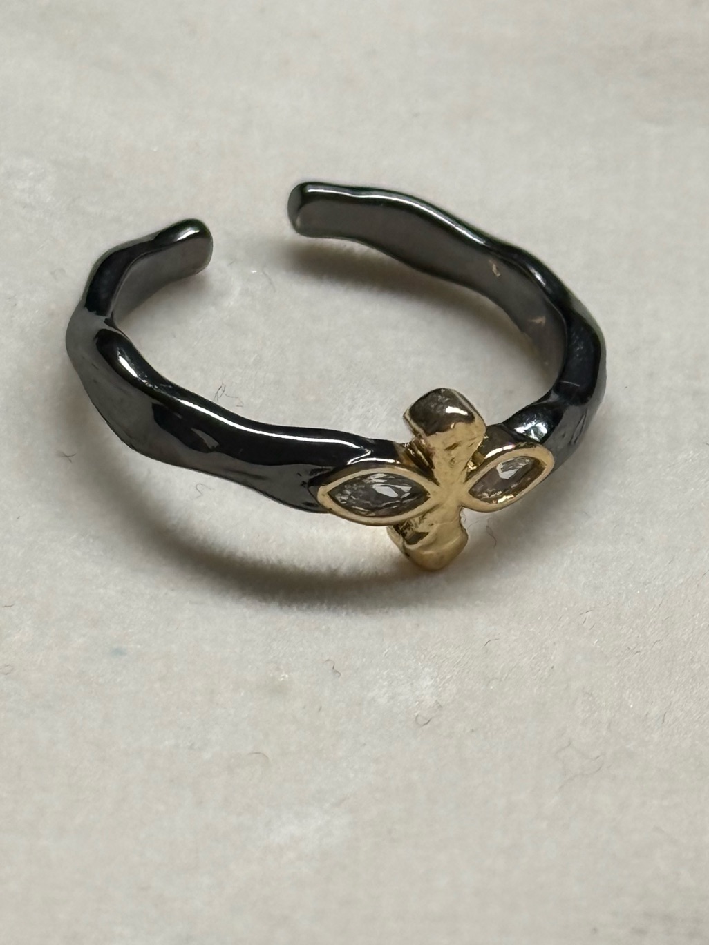 Gold Accent Black Open Band Ring With Crystal Flower